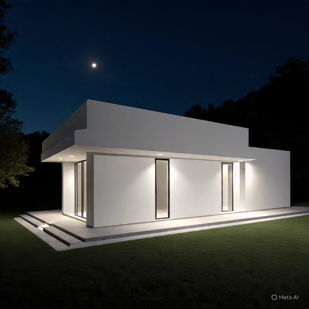 Cool white lights on minimalist elevation