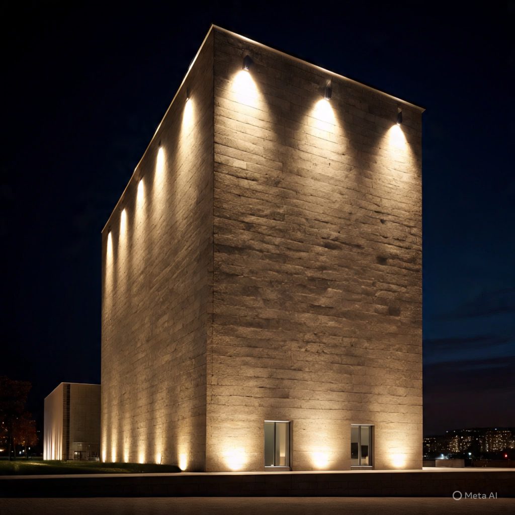 Spotlights highlighting stone cladding