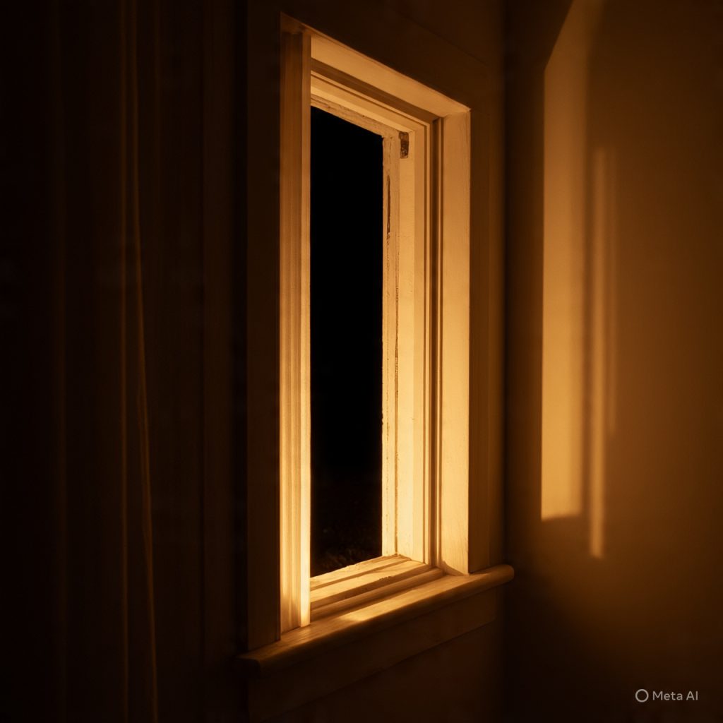 Window frame glowing softly at night