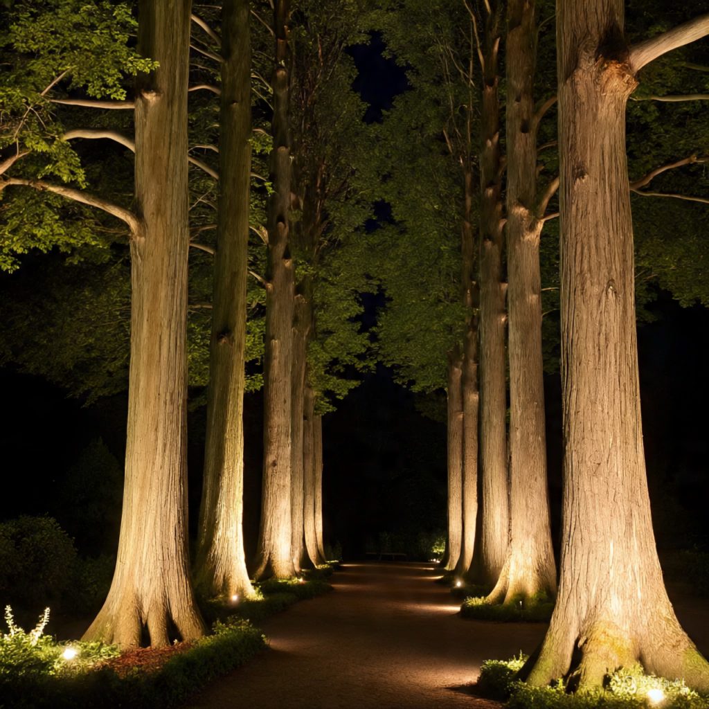 Garden uplighting focused on tall trees