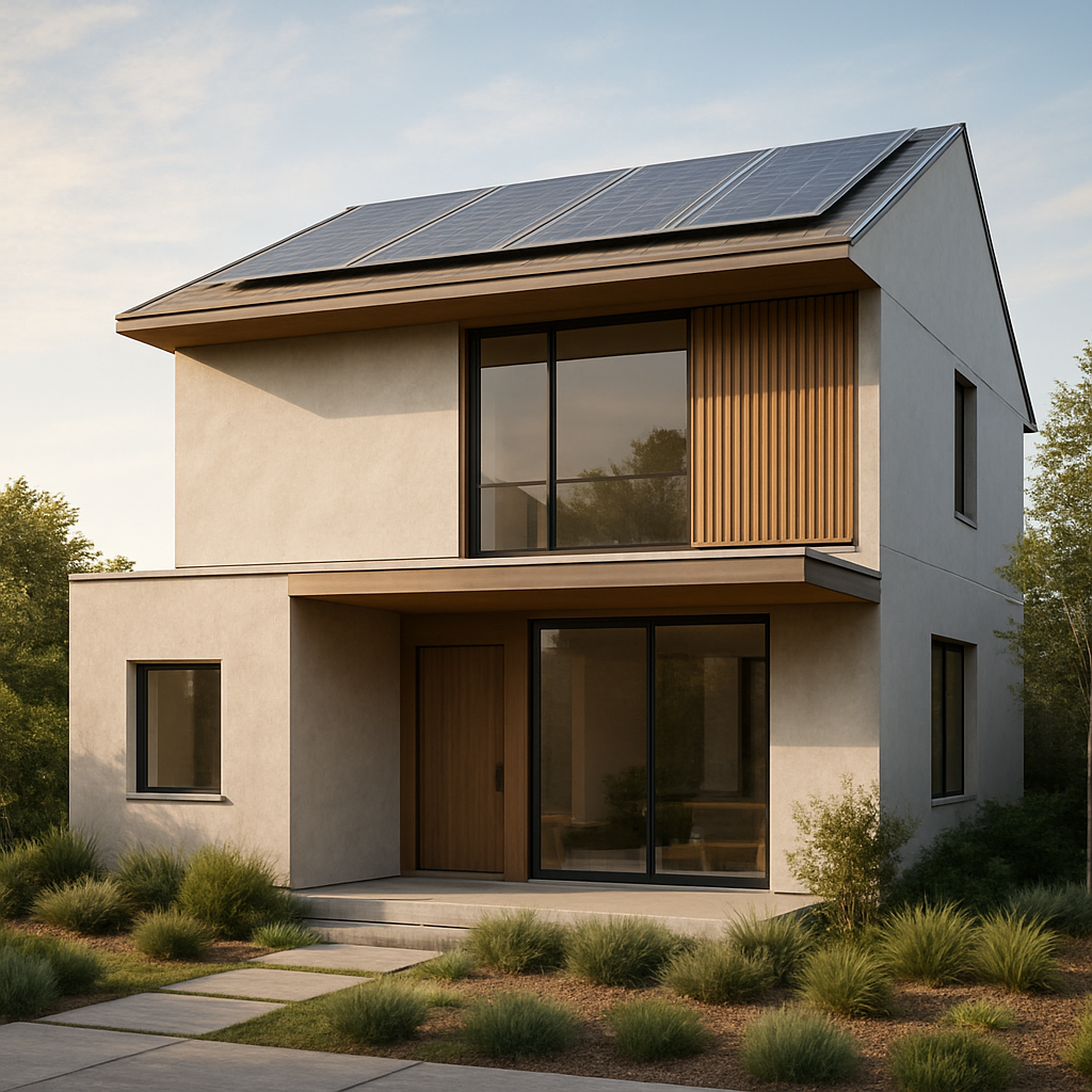 Climate-responsive house orientation diagram with sun and wind flow arrows