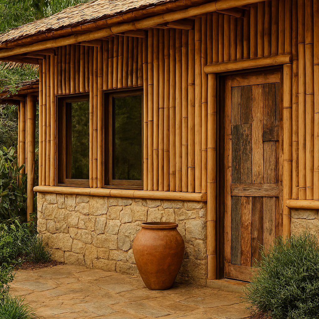 Eco-friendly exterior materials like bamboo, stone, and recycled wood