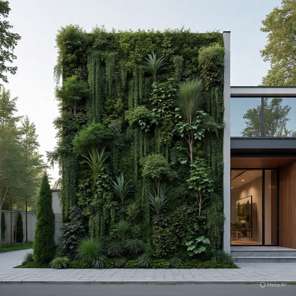 Vertical garden on a modern house facade with green plants