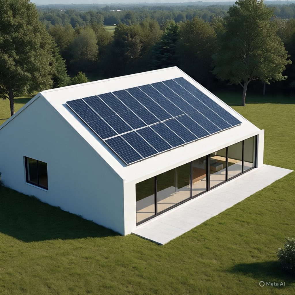 Solar panels integrated into home sustainable elevation design