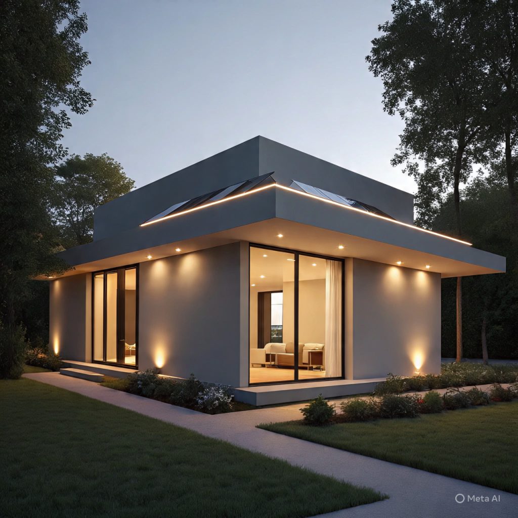 Low-energy LED exterior lighting on modern minimalist elevation