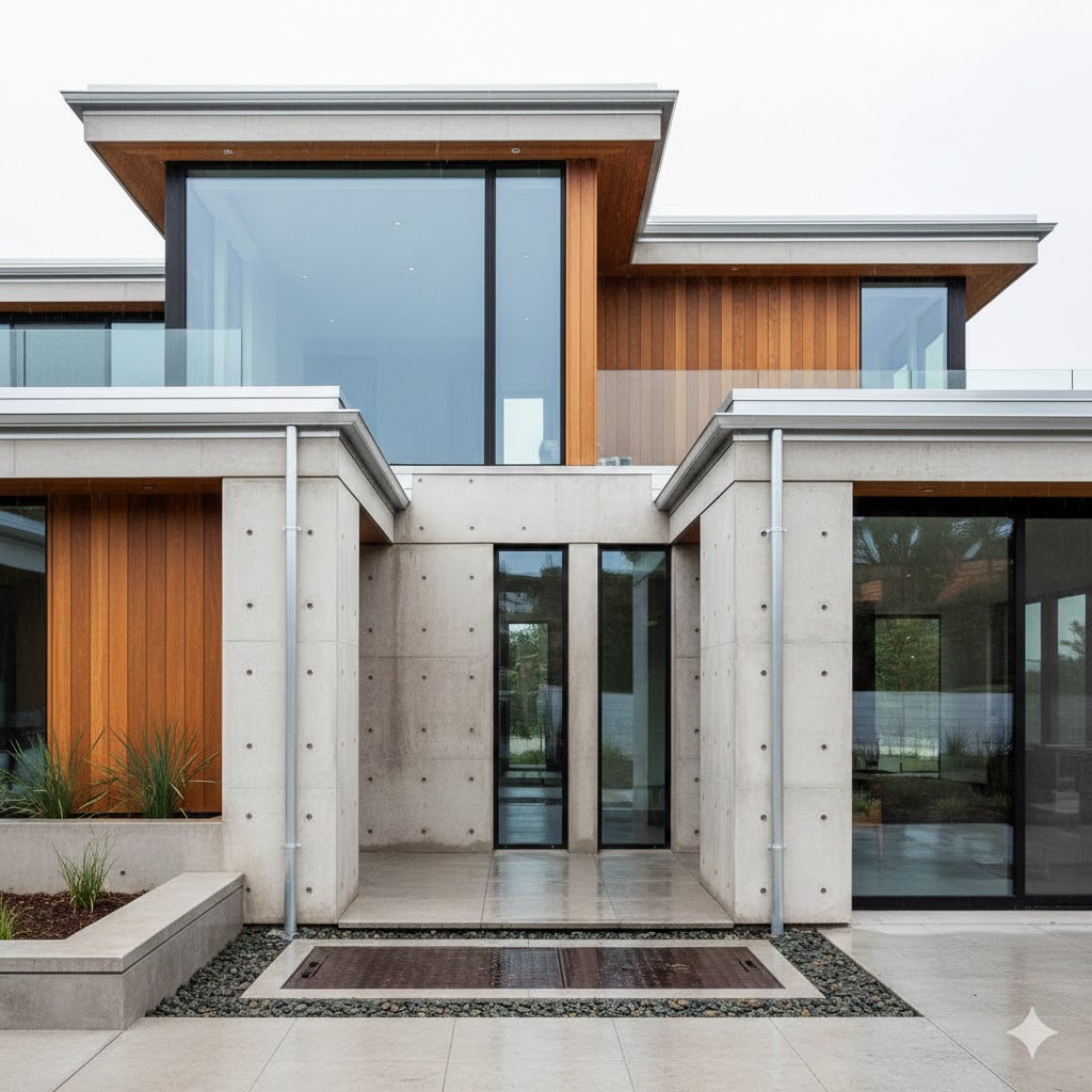 Rainwater harvesting gutters attached to house elevation