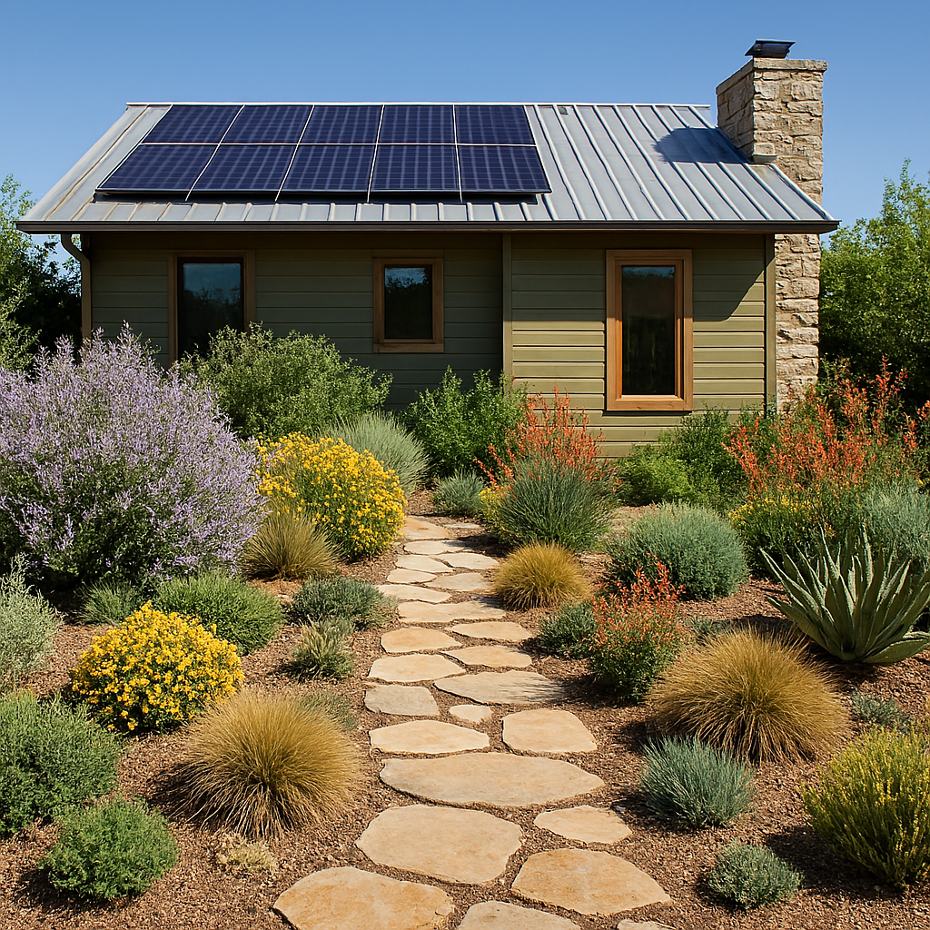 Heat-reducing native landscaping around a modern home