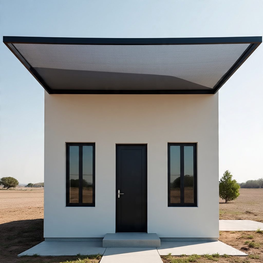 Functional narrow house front with modern shade and symmetry — Small Front House Elevation