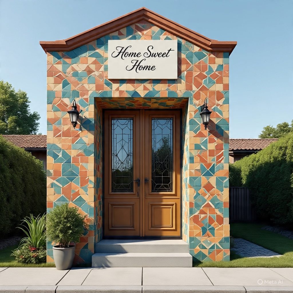 Customized compact home front with tiles and signature door — Small Front House Elevation