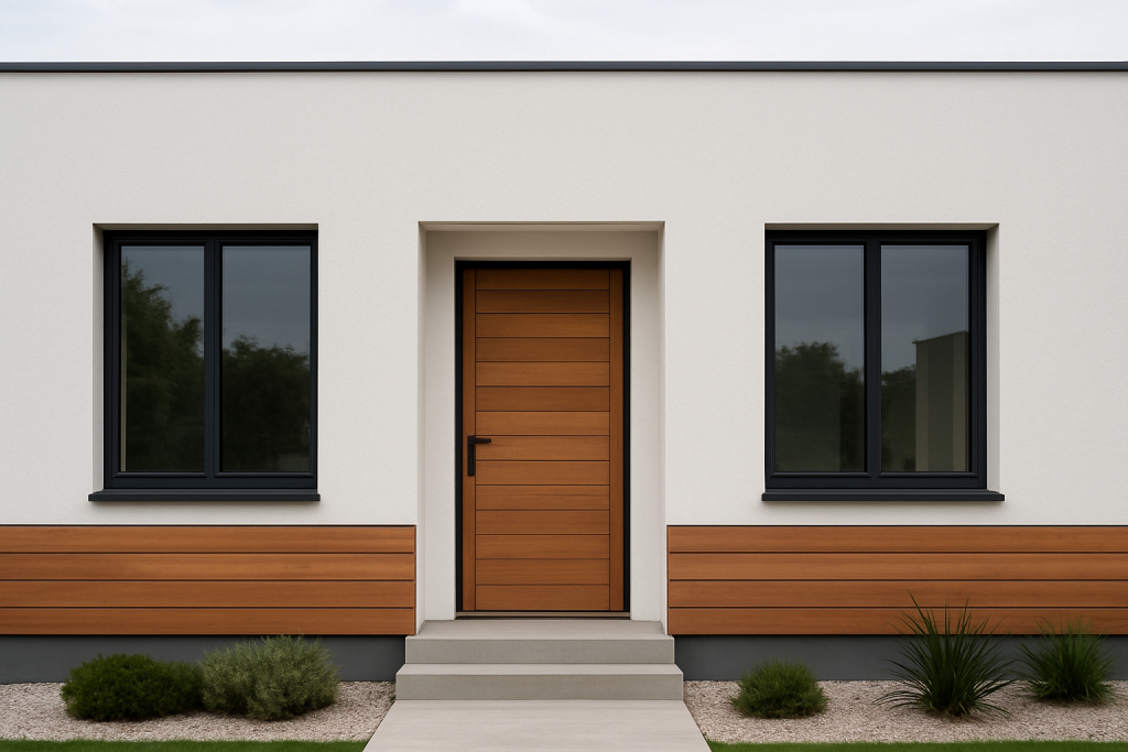 Symmetrical Small Front House Elevation with wooden and glass elements — Small Front House Elevation