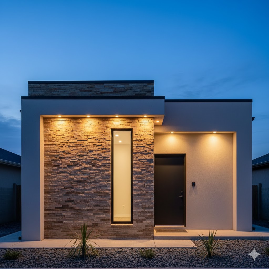 Small Front House Elevation using stone cladding and wooden textures for depth — Small Front House Elevation