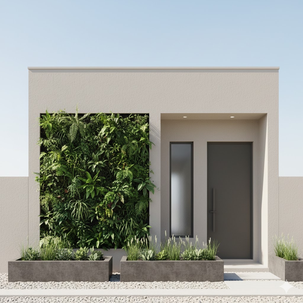 Small Front House Elevation with vertical garden and light neutral walls — Small Front House Elevation