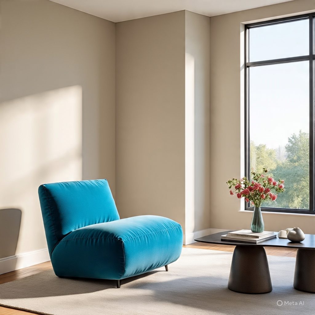 Neutral interior design with bold accent furniture and balanced styling.