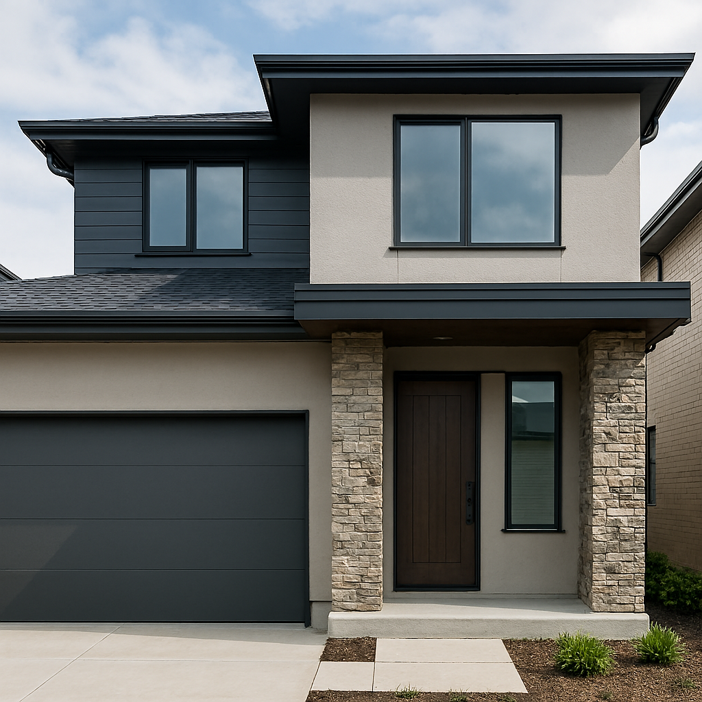 Front elevation materials carefully combined in a modern house façade to show the importance of smart material selection