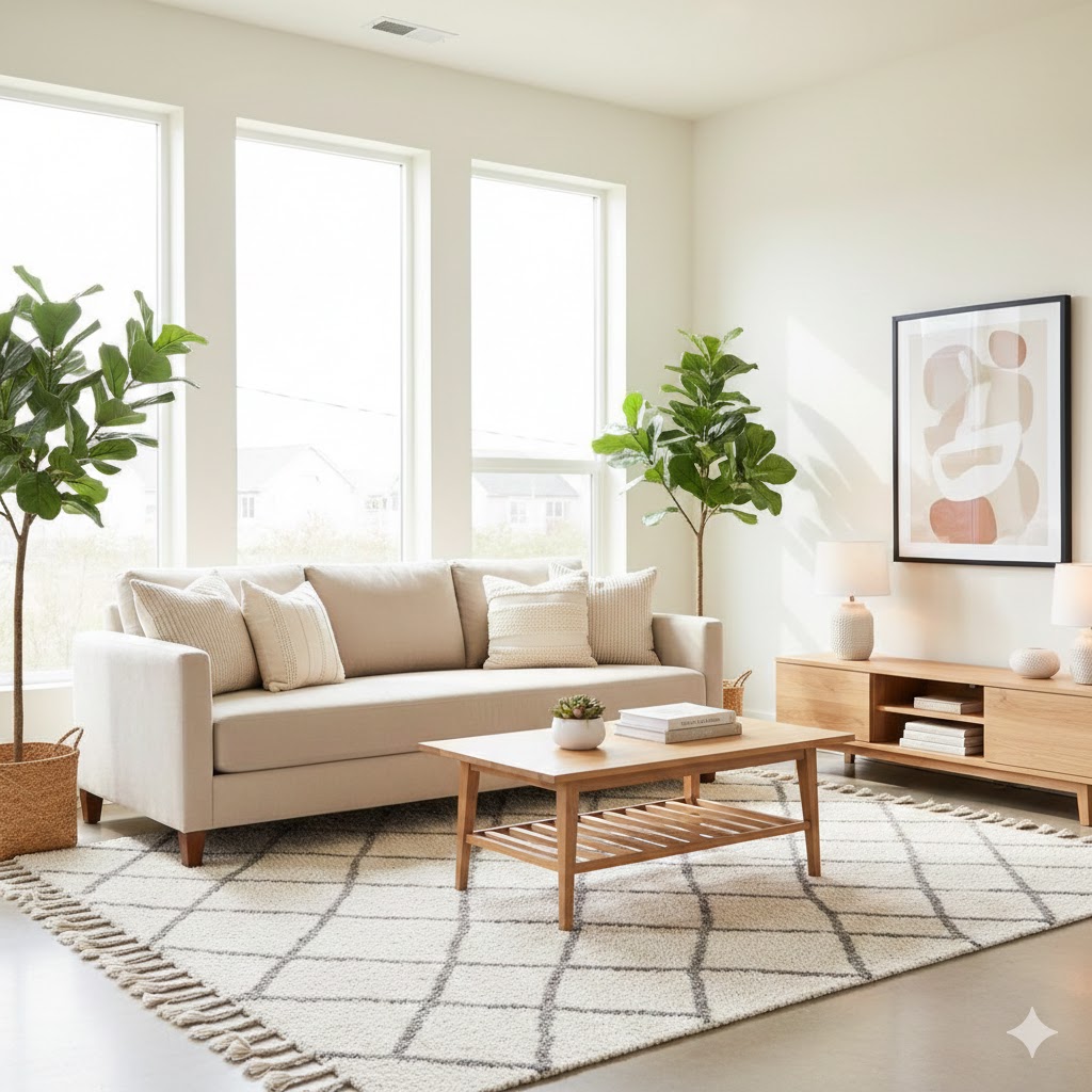 Modern living room styled with neutral tones and elegant budget friendly accessories