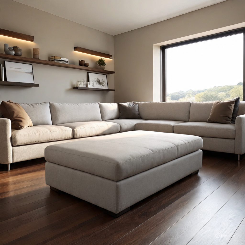 Modern minimalist living room with storage integrated décor ottoman for clean home design