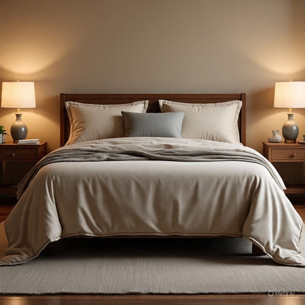 Warm earth-tone bedroom with wooden furniture and layered neutral bedding.