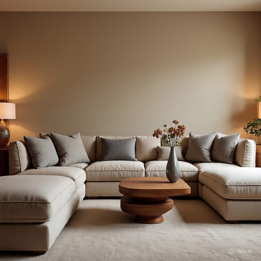 Layered living room interior with textured cushions and warm lighting where designers create depth and visual comfort