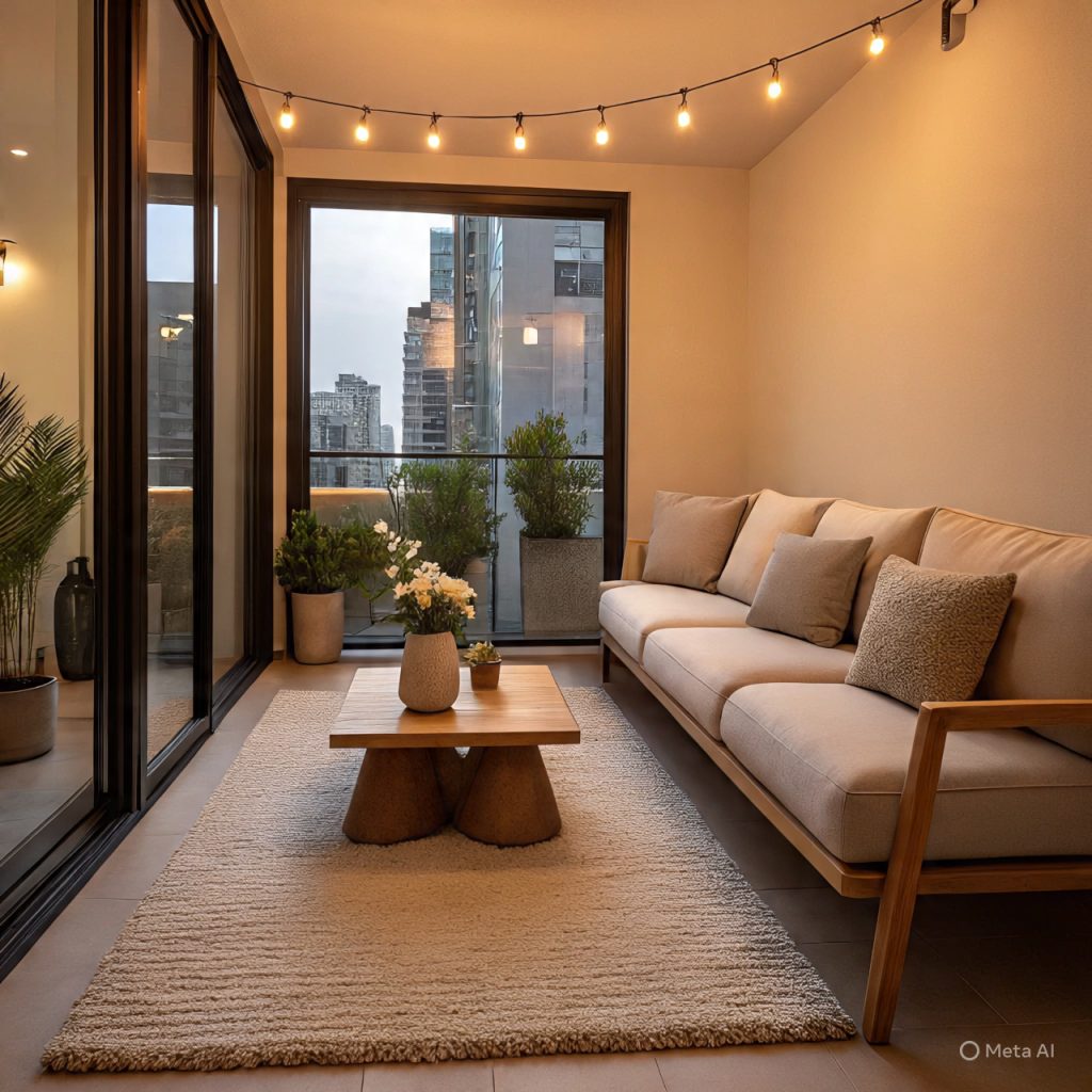Cozy balcony styled like an extra living room with sofa seating, warm lighting, and indoor-style décor accents.