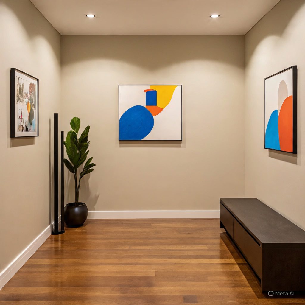 Modern hallway with neutral walls and striking décor details.