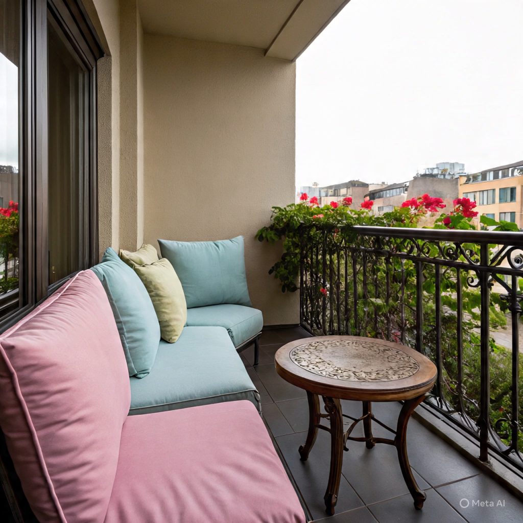 Cozy seating arrangement as compact space solution for balconies