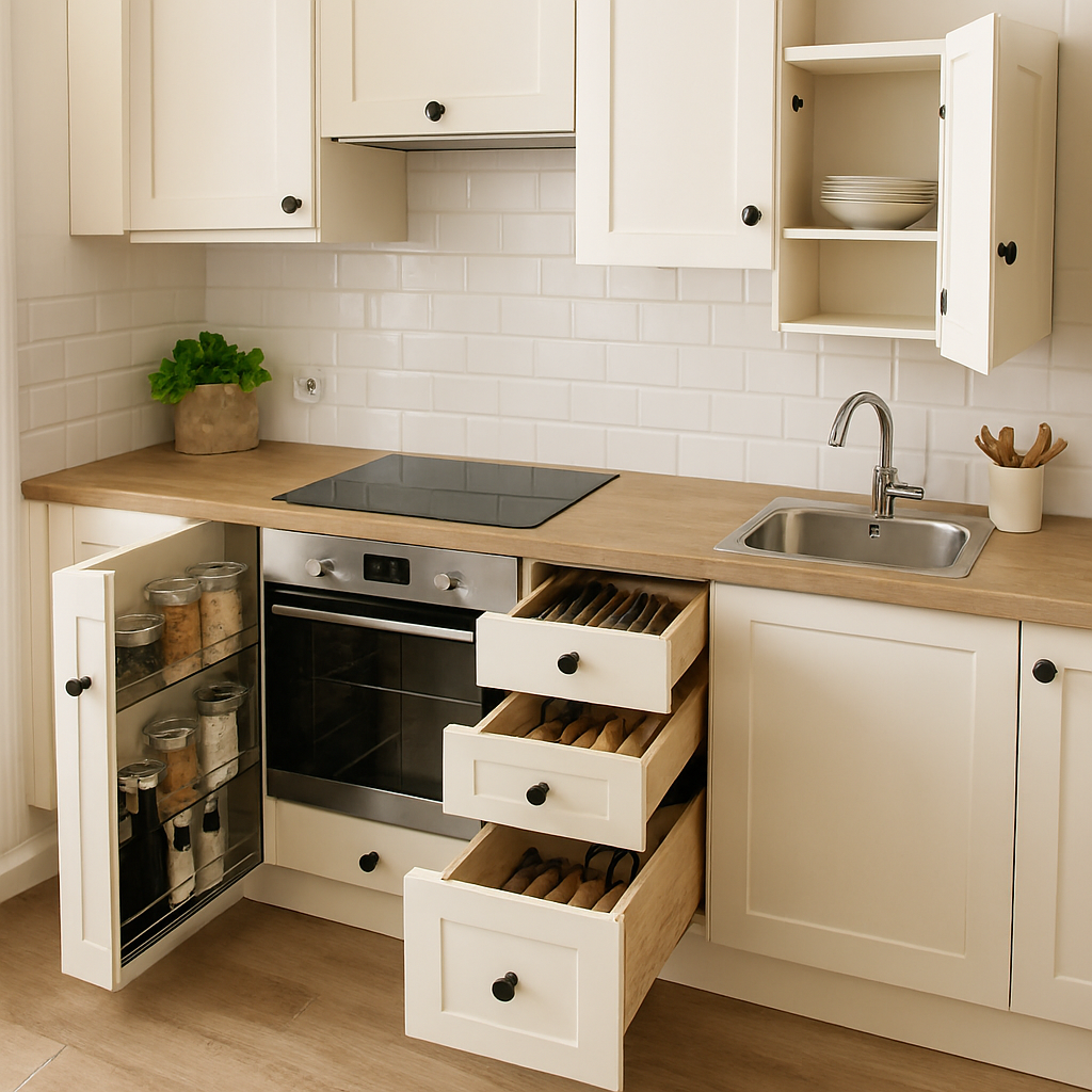Small kitchen design featuring smart hidden storage solutions.