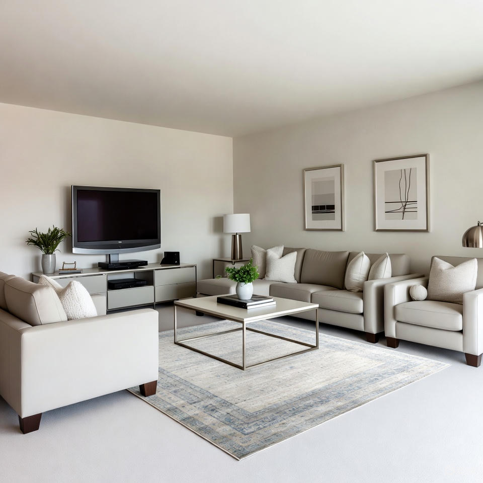 Small rug under large seating area, demonstrating rug sizing home decor mistakes in living room design