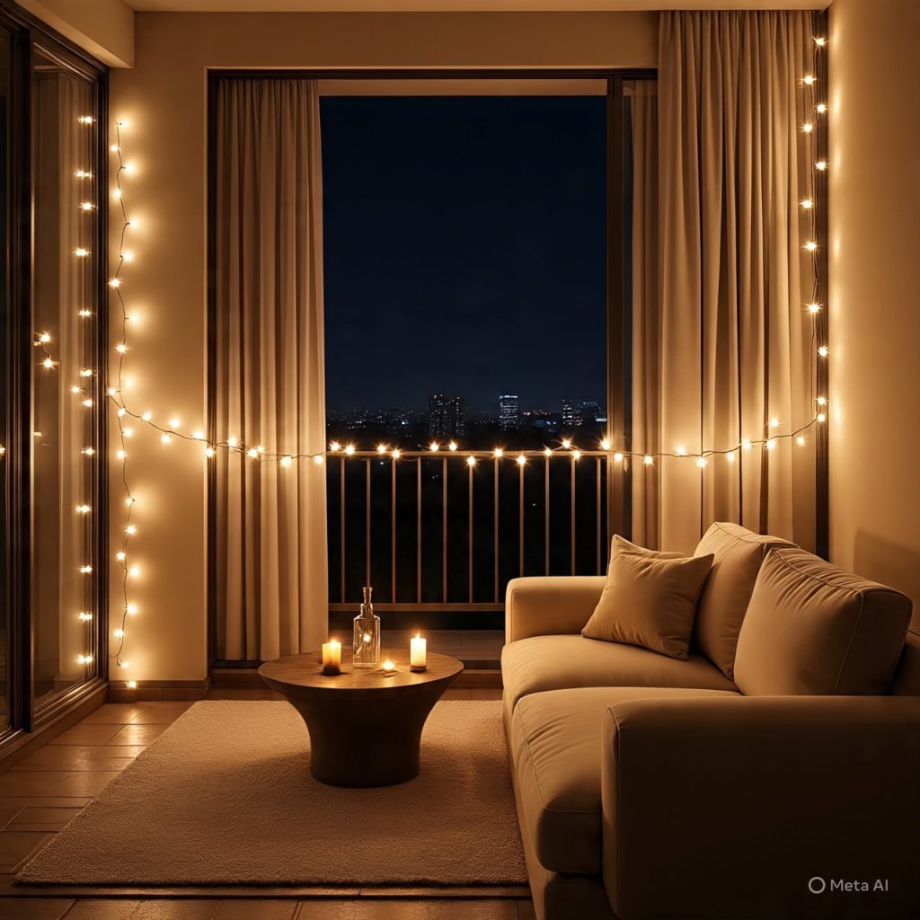 Balcony Decor Ideas showcasing a nighttime balcony with ambient lighting, soft textures, and a calm atmosphere.