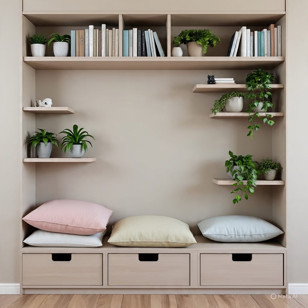 Close-up of storage integrated décor details: cushions, plants, and books for clutter-free elegance