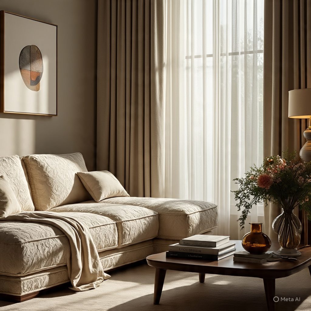 Luxury interior scene with layered fabrics and soft tones illustrating how designers create depth and warmth