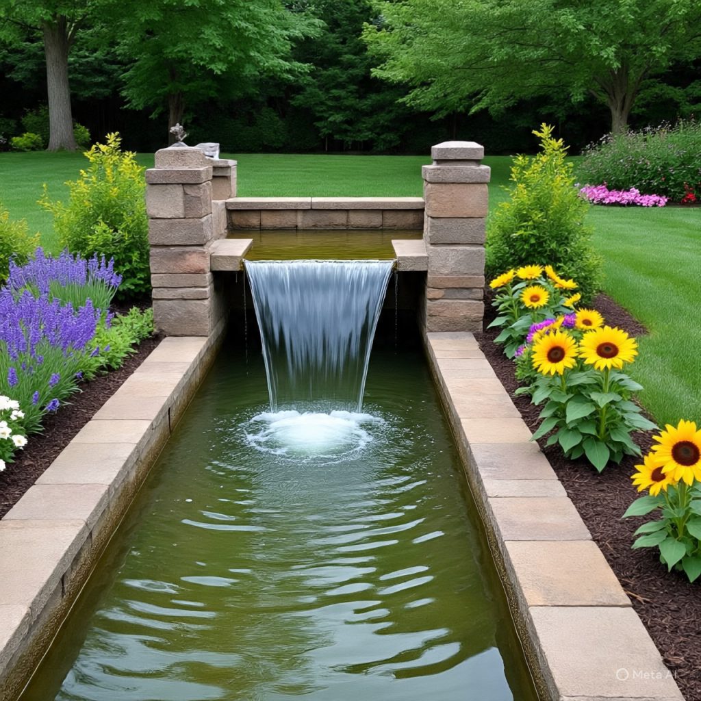 Decorative backyard water fountain surrounded by plants