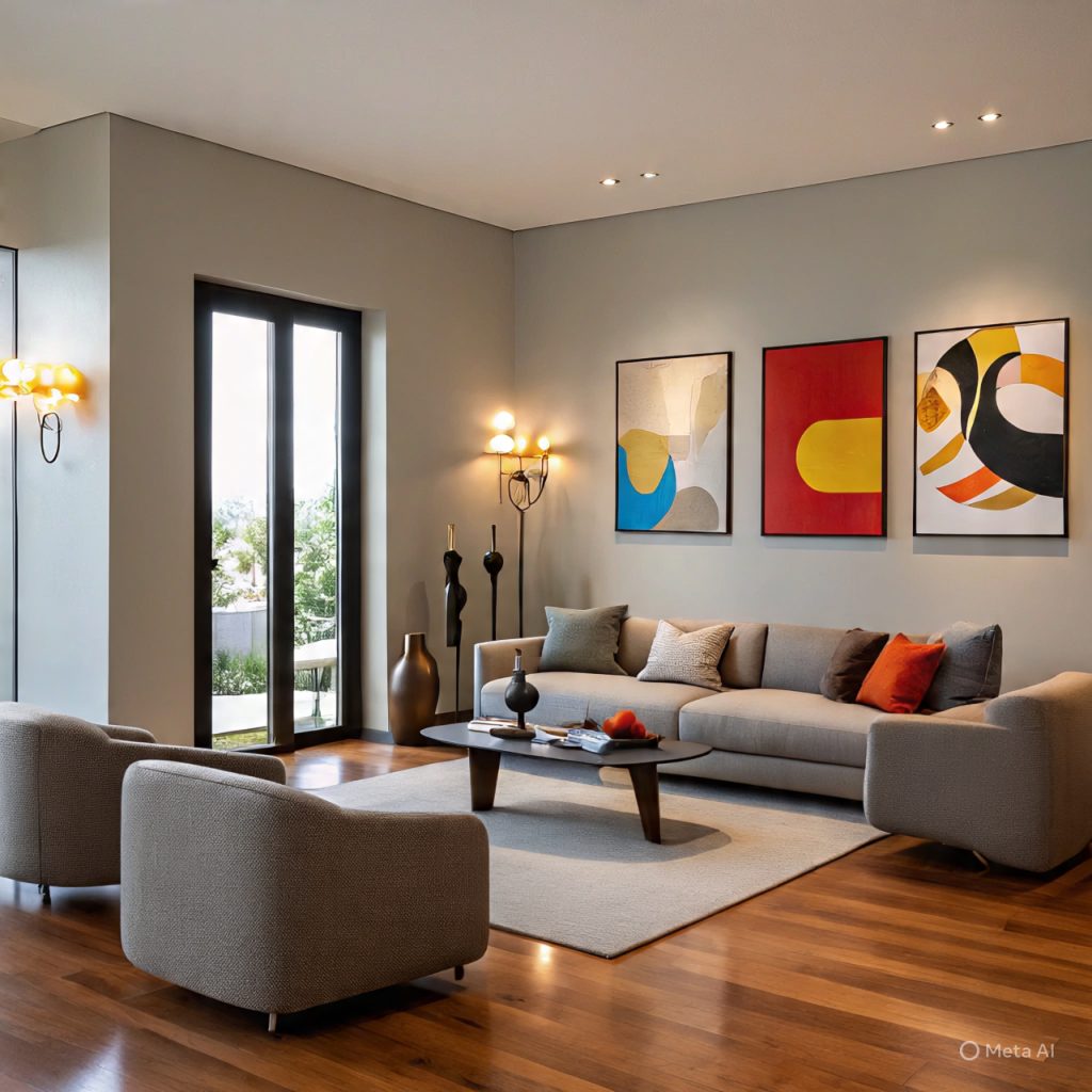 Balanced interior highlighting contrast between neutrals and bold elements.