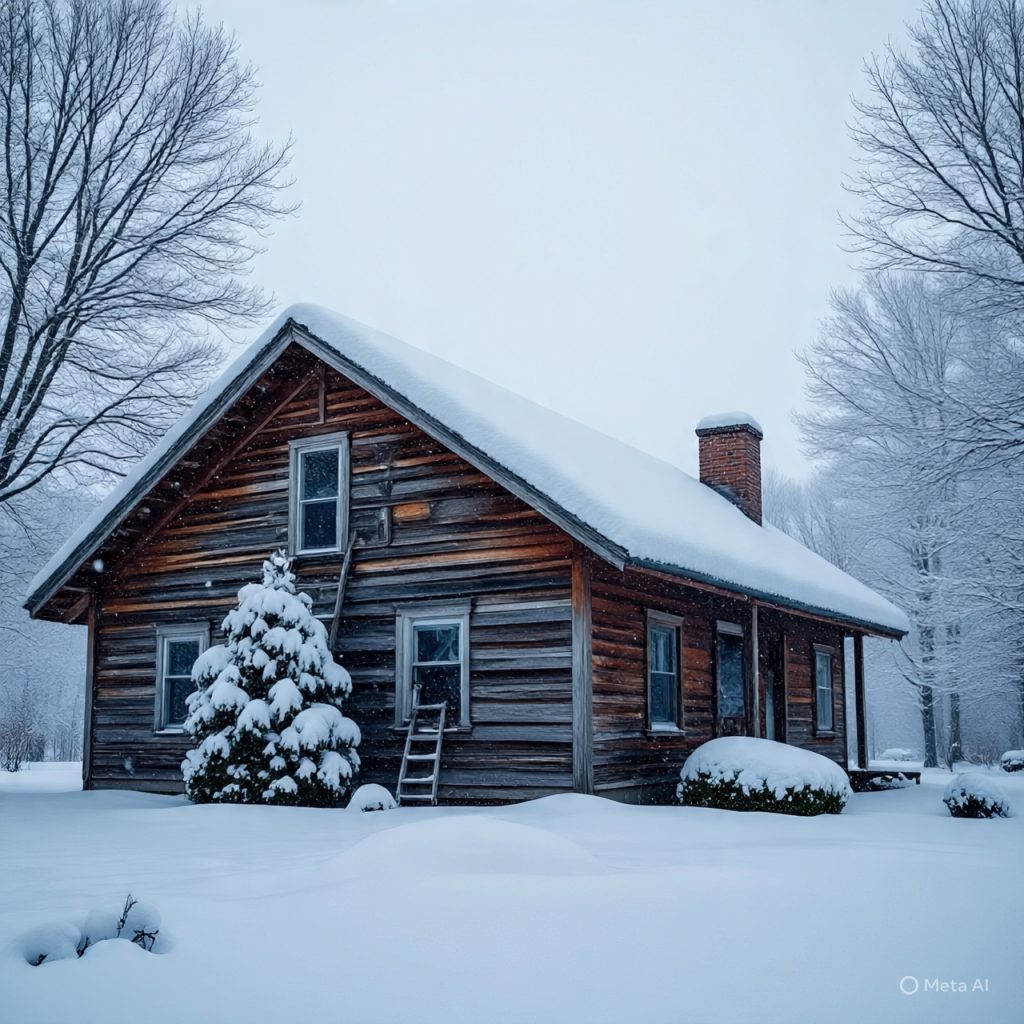 Winter maintenance of a wooden ranch house in Canada