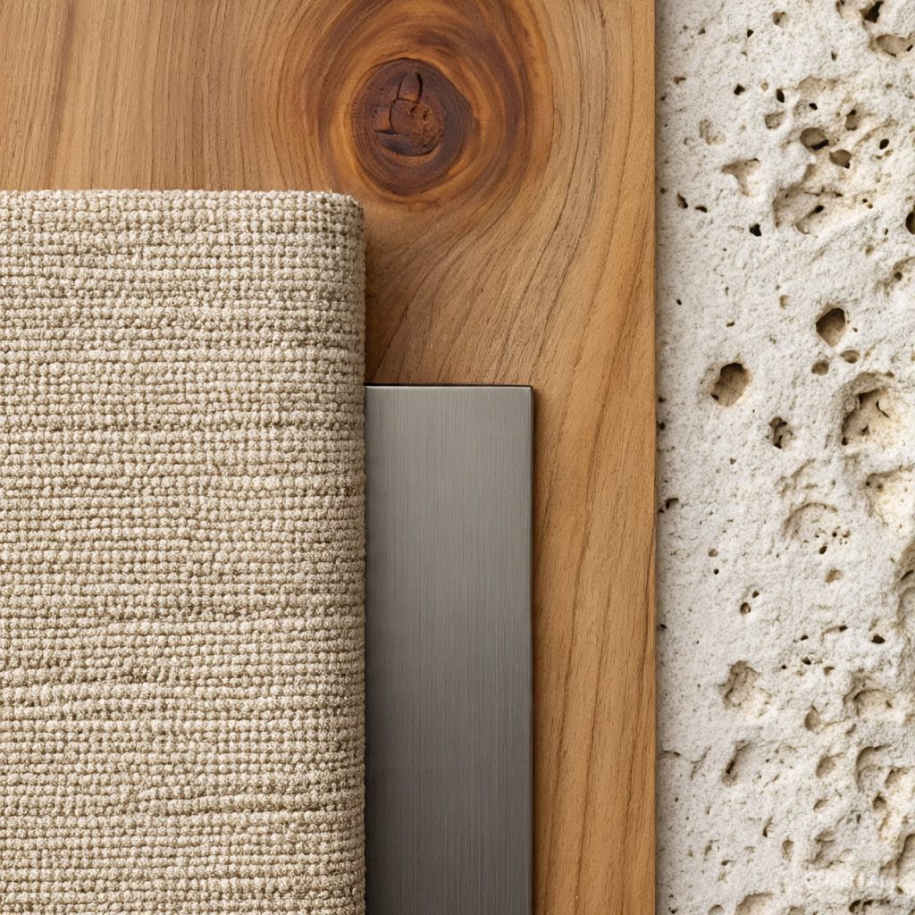 Material Driven Home Décor detail shot highlighting natural wood, fabric textures, stone, and metal finishes.