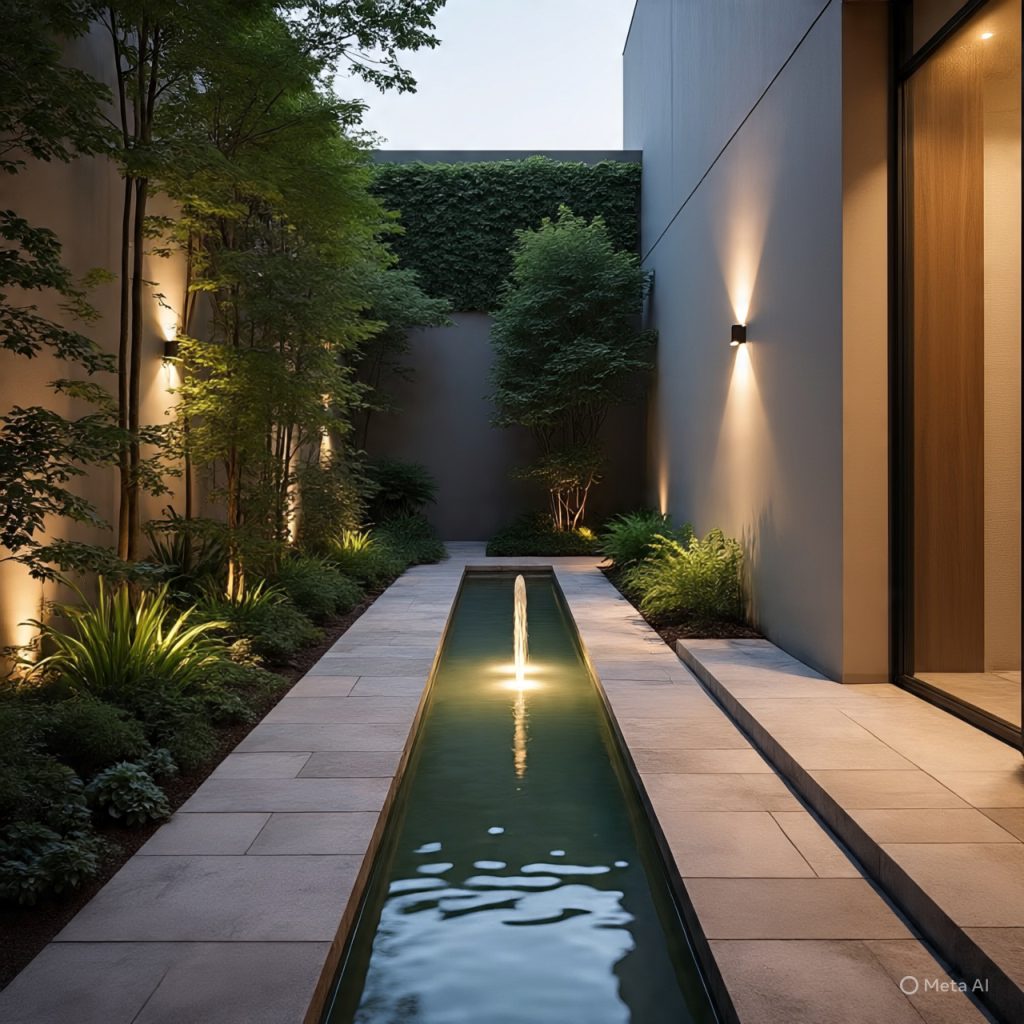 Courtyard & Patio Décor Ideas with a modern water feature and natural stone