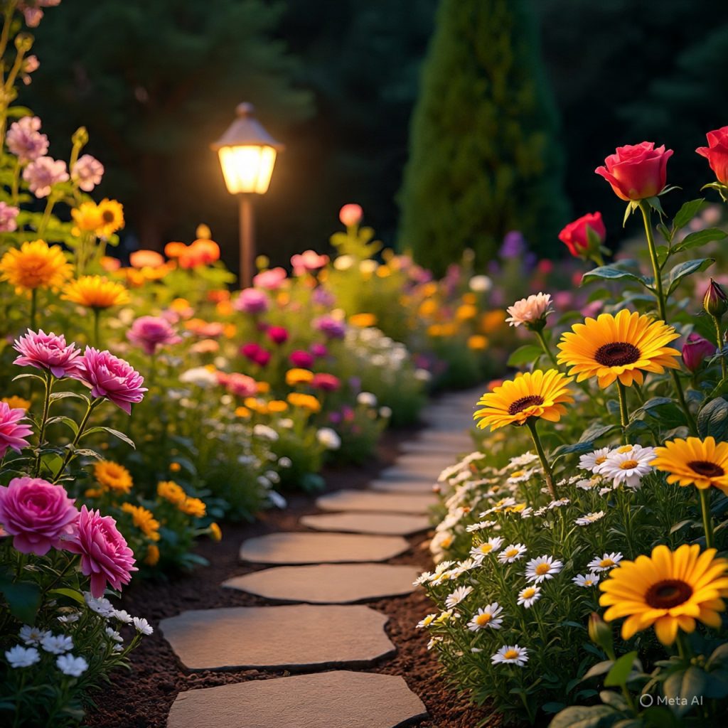 Soft lighting in home flower garden