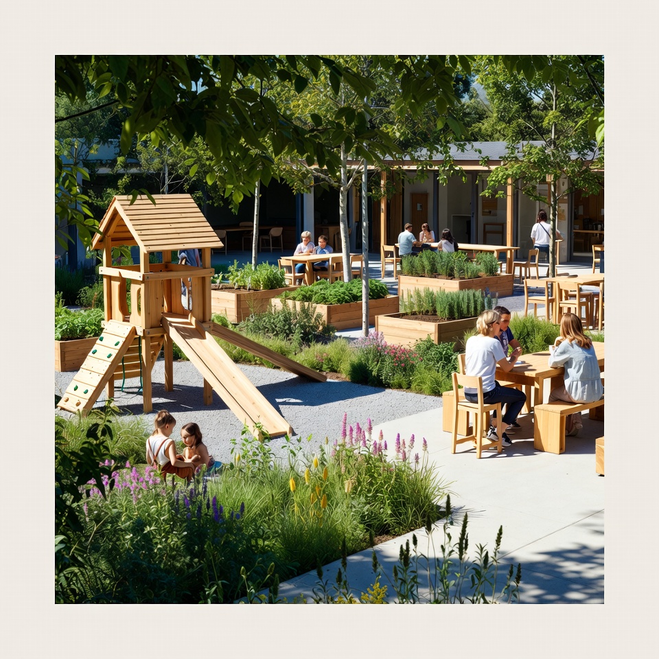 Eco-friendly community garden with kids' play area and seating