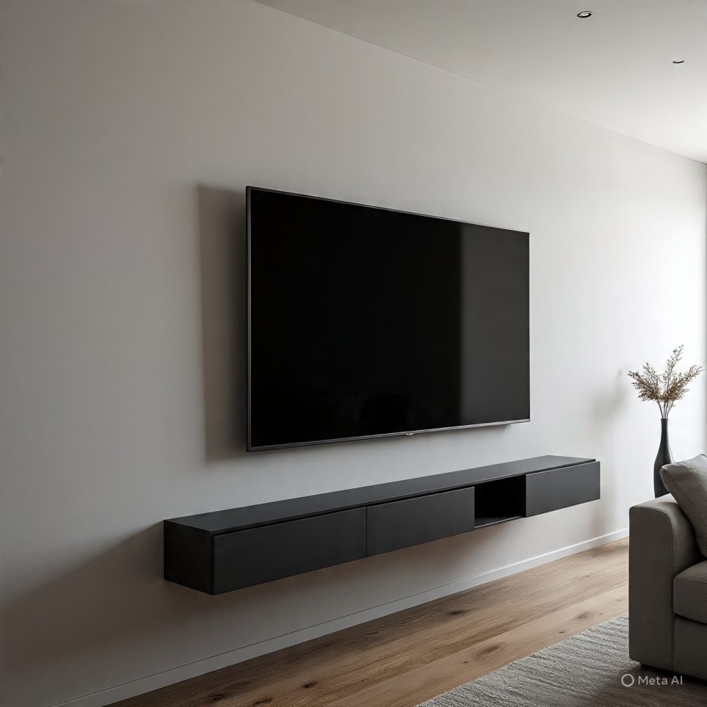 Modern living room featuring storage integrated décor TV unit with hidden storage