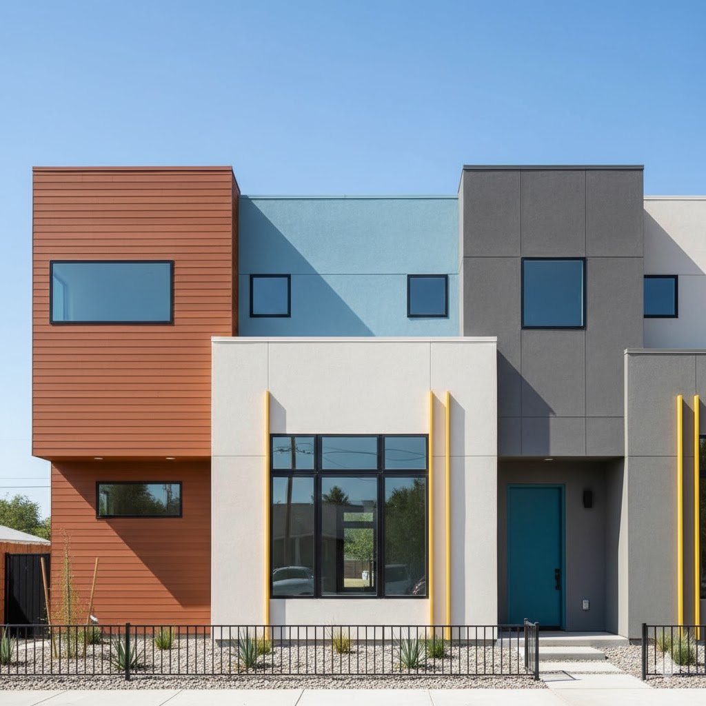 A home exterior demonstrating the psychological effects of color through a harmonious mix of warm, cool, neutral, and accent shades