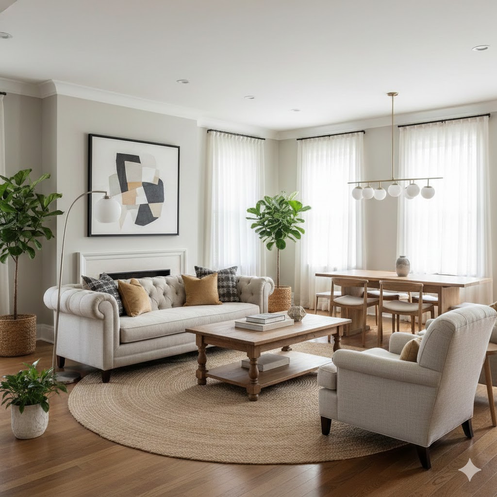 Timeless home decor interior with neutral colors, classic furniture, and adaptable layout, showing small updates like cushions and artwork