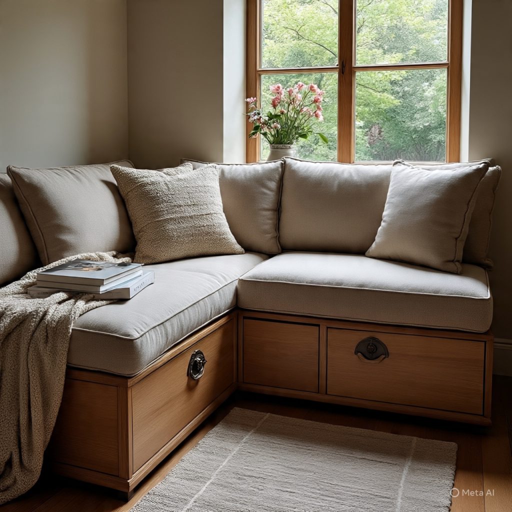 Window seating with storage integrated décor for a clutter-free home