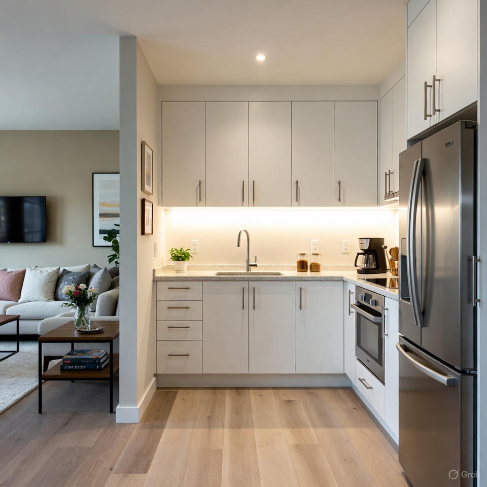 Small kitchen design idea using visual continuity to enhance space.
