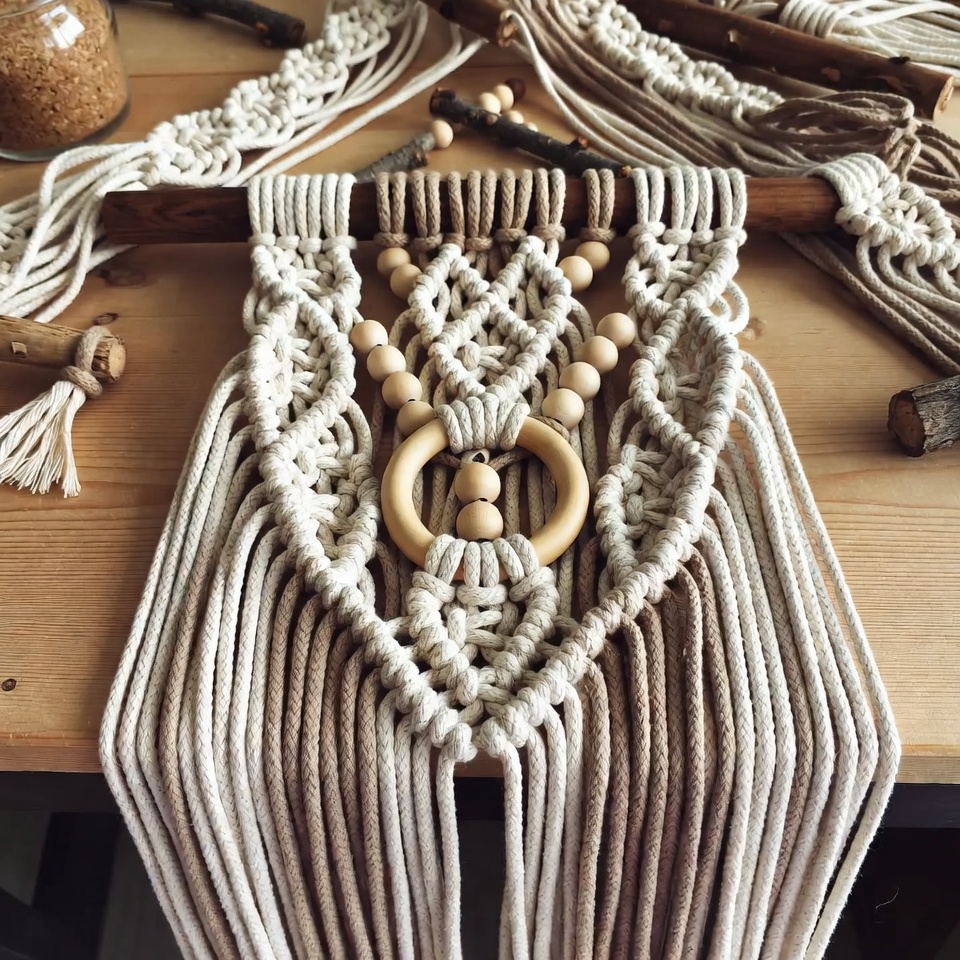 Eco-friendly Bohemian Macramé made with recycled cotton cords and natural materials in a sustainable craft setting
