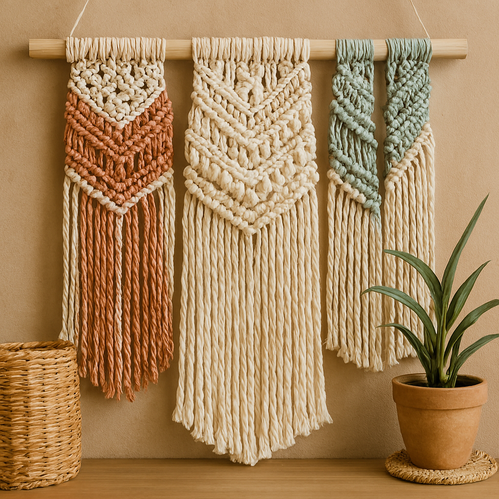 Bohemian Macramé wall hangings in earthy and pastel tones creating a warm boho interior décor aesthetic