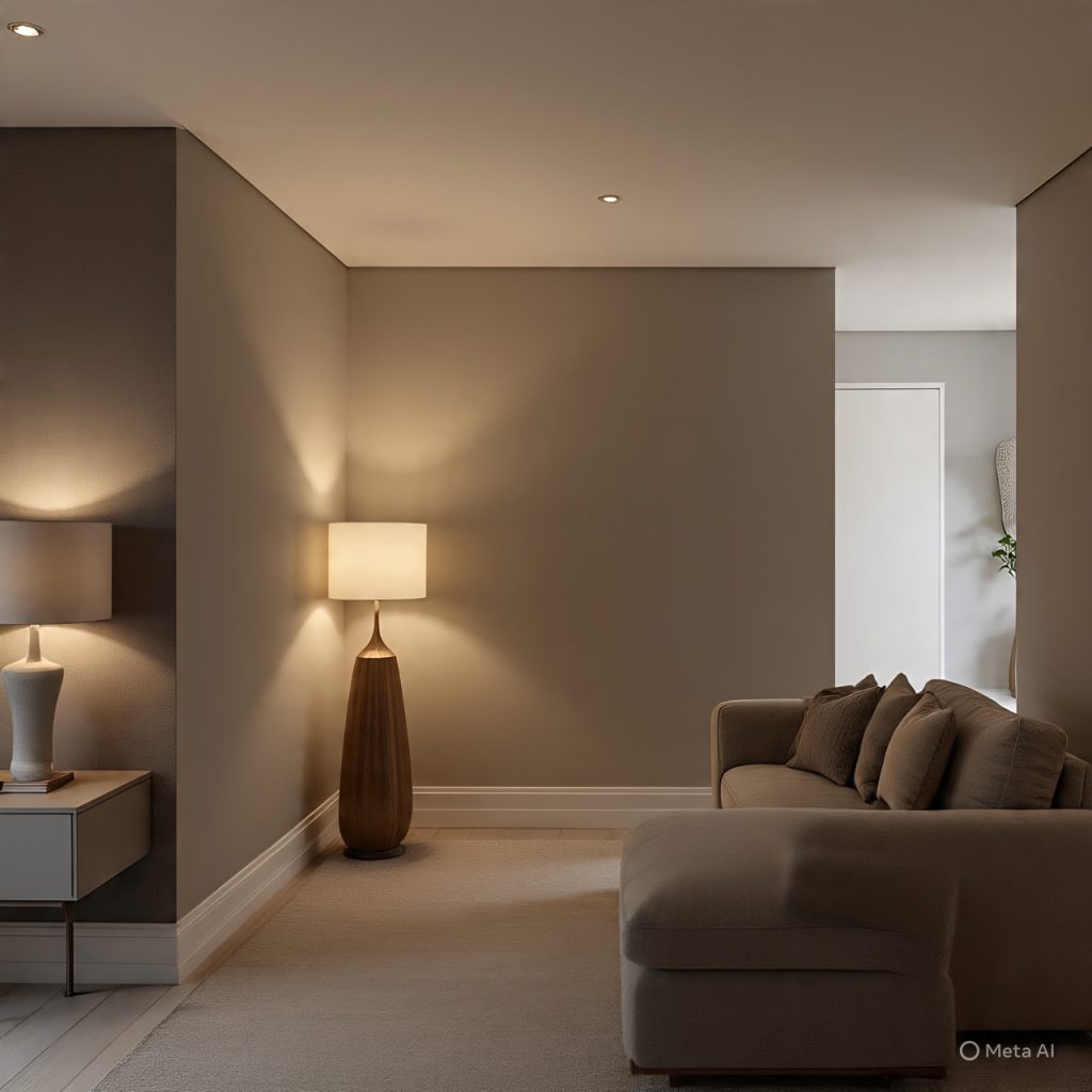 Modern living room styled with warm ambient lighting for a cozy mood