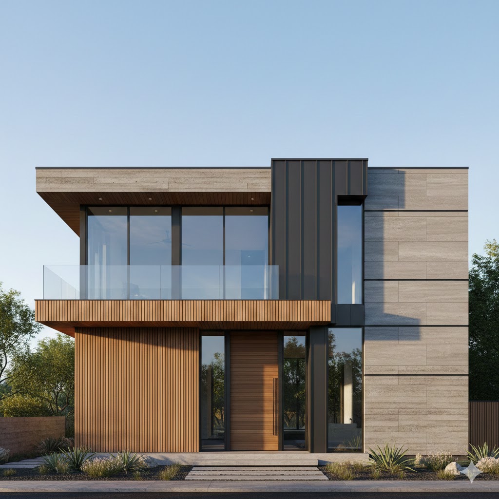 Front elevation materials featuring cement plaster as a versatile and cost-effective base finish