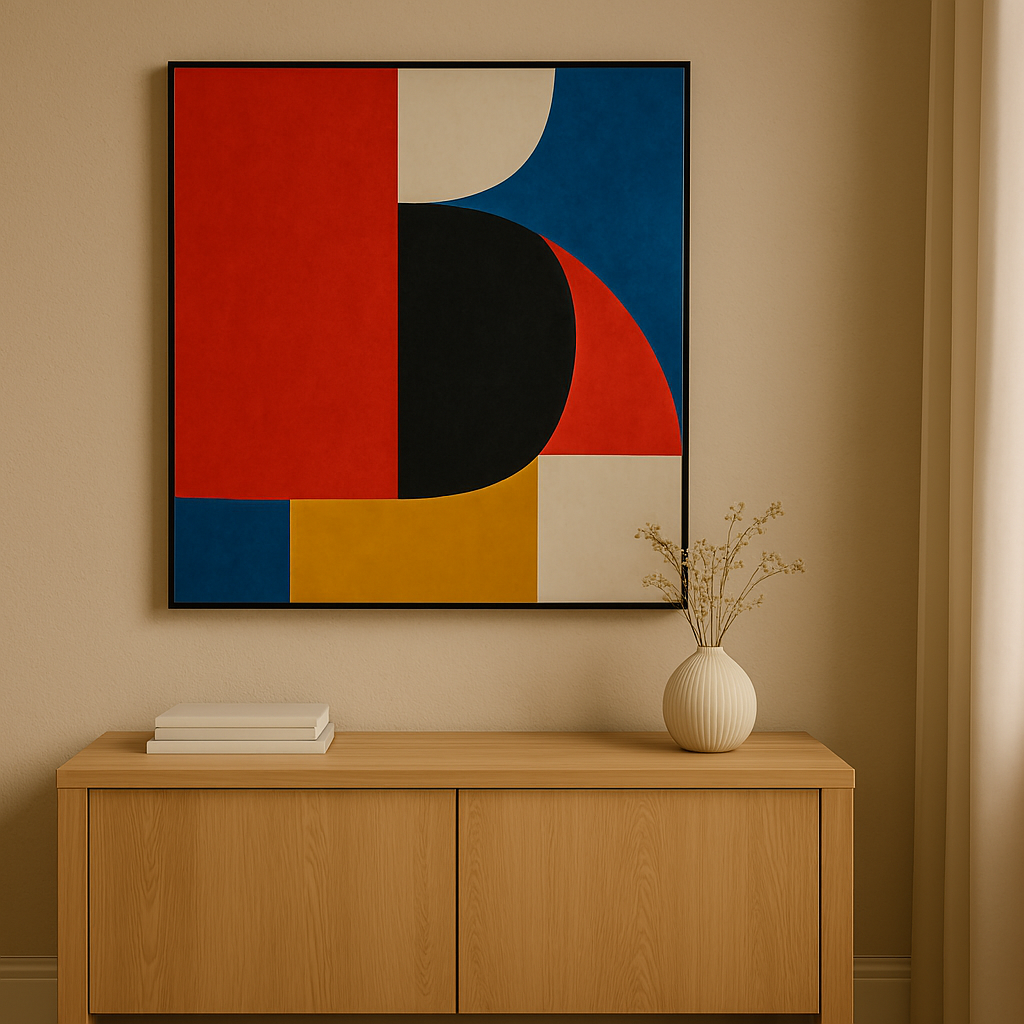 Living room with neutral walls and vibrant accent artwork.