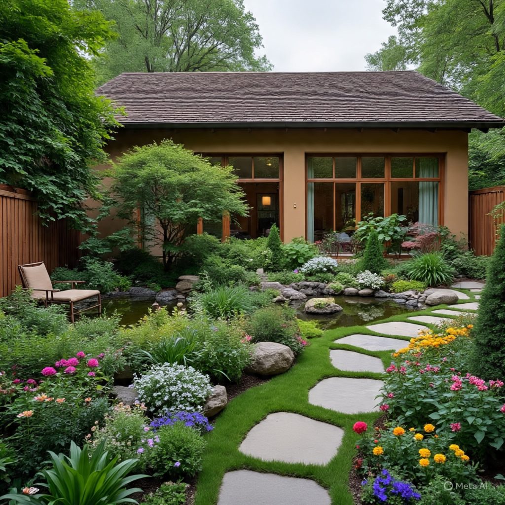 Home exterior with balanced outdoor living spaces