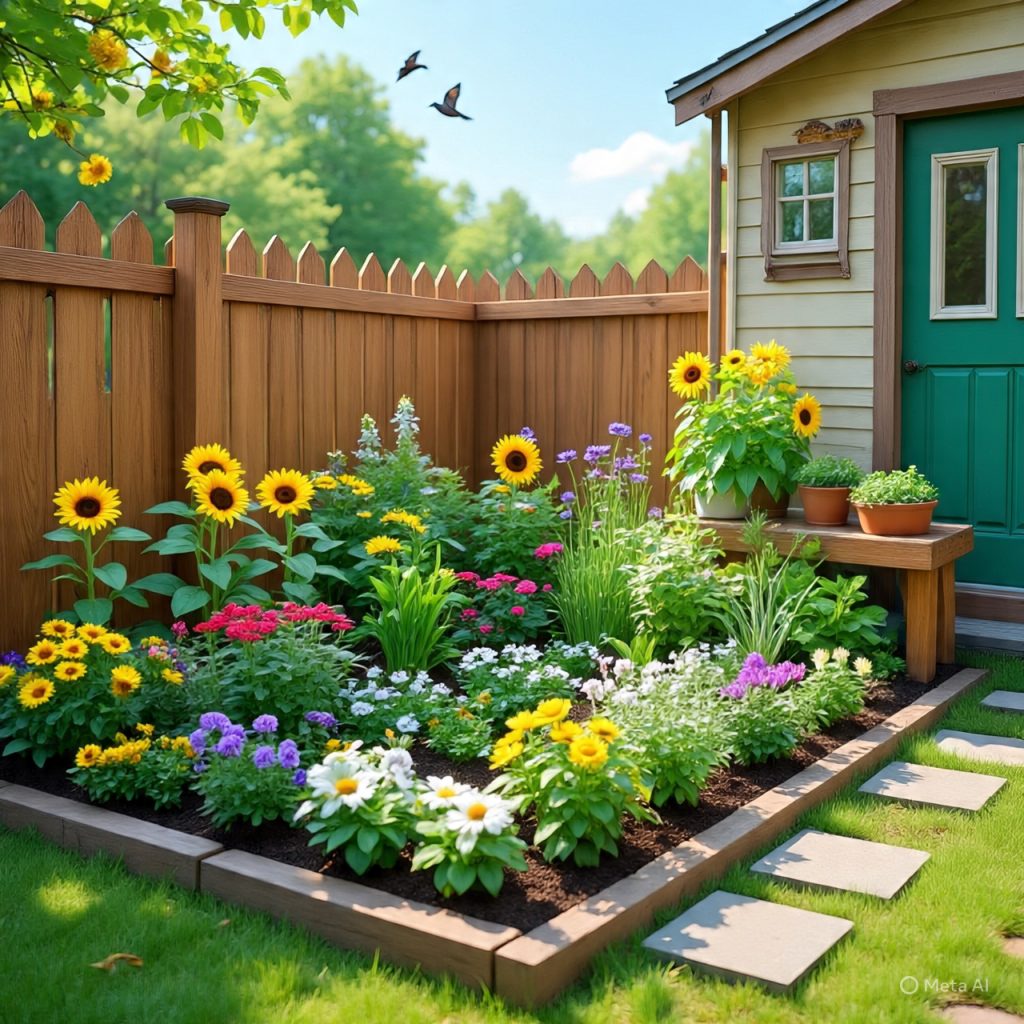 Home garden layout showcasing herbs and flowering plants