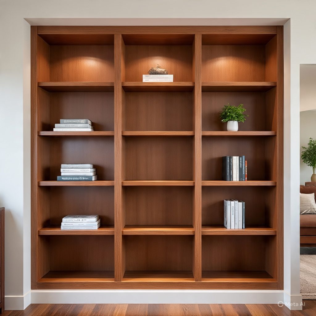 Built-in shelving showcasing storage integrated décor in a clutter-free space